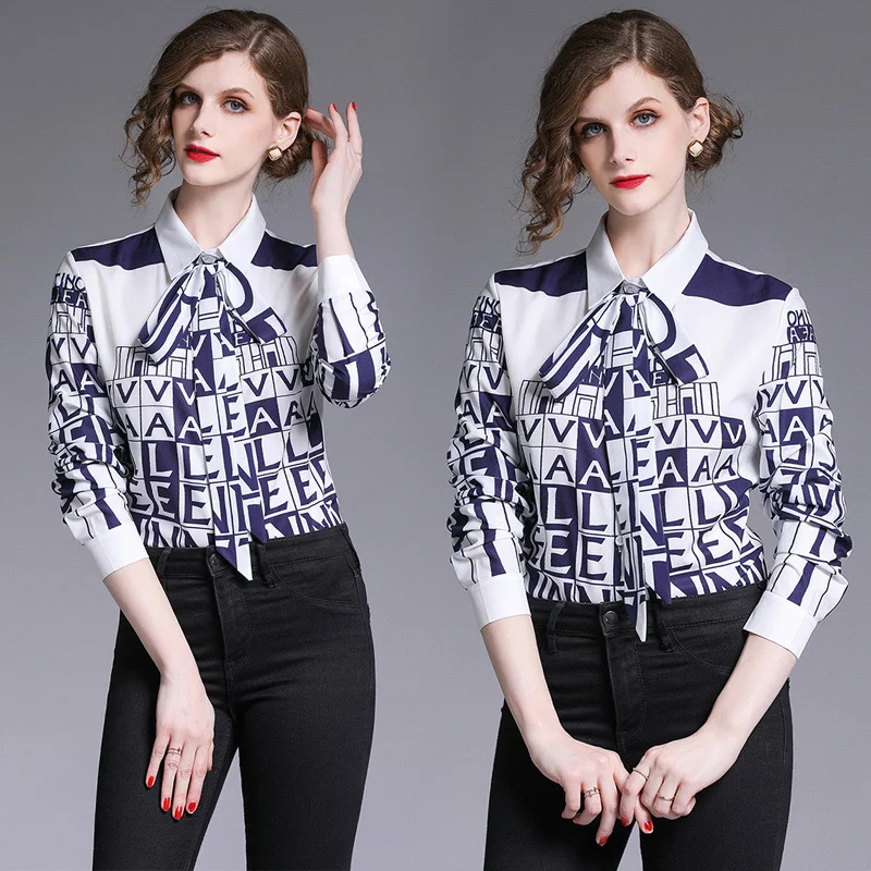 

2019 Spring Summer Fall Runway Letters Print Collar Tie Neck Long Sleeve OL Turn-Down Neck Womens Party Casual Top Shirts Blouse