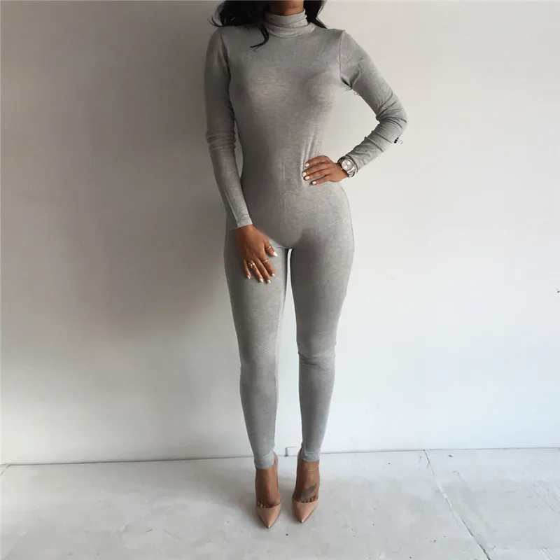 Women High Neck Winter Jumpsuit Solid Color Casual Long Sleeve Bodycon