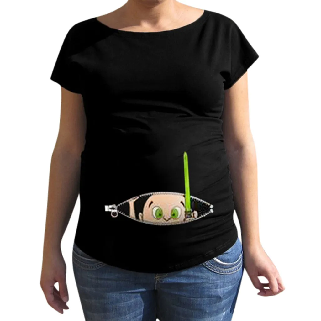 Maternity Baby Peeking Cartoon Printed Short Sleeve Shirt Funny Pregnancy Cute Pregnant T-shirts Clothes Tops