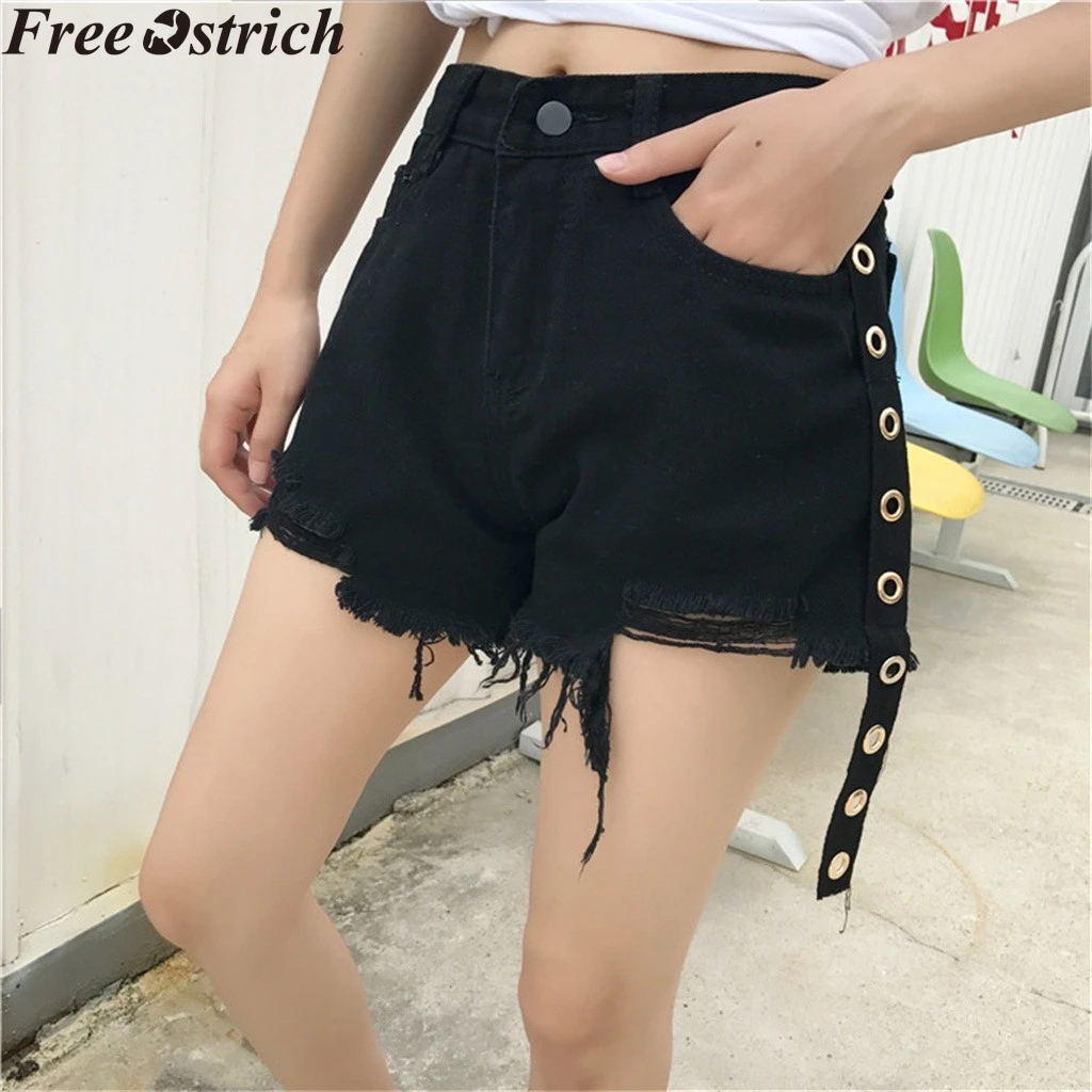 

Women's summer denim shorts high waist black washed curled hole casual short pants pocket daily plus size Ladies fashion workout