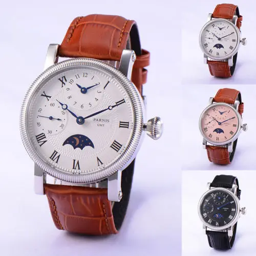 

43mm parnis White Black Pink Dial Blue Hands GMT Moon phase Mechanical Hand-winding Men's Wrist Watch