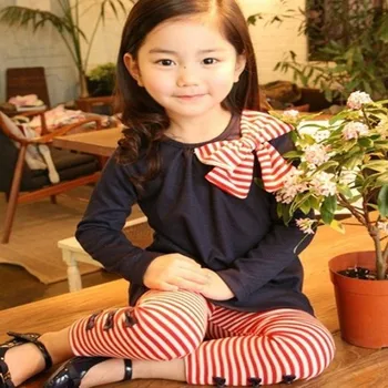 

Kids Girls Bow Striped Leggings Suit Long Sleeve Shirts Tops Clothes Set Outfits 3-8 Year