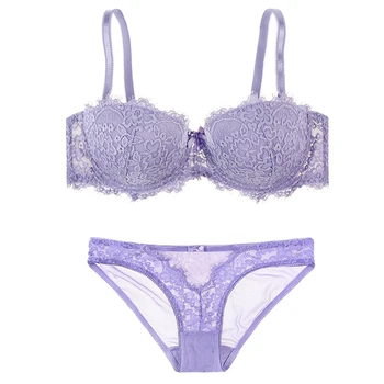 

French romantic lace women underwear set brand push up thin thick sexy bra sets 1/2 cup dress brassiere and transparent panties