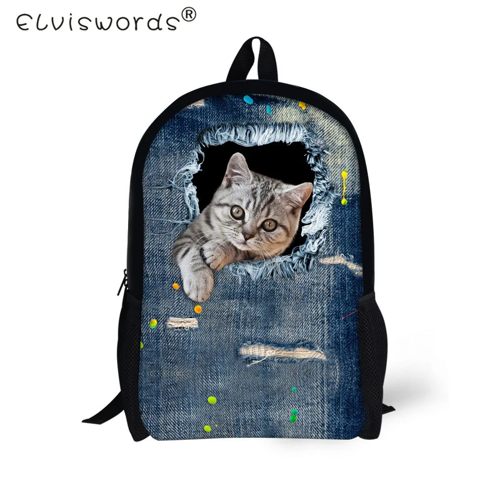 

ELVISWORDS Animal Women Casual School Bag Denim Cute Cat Printing Schoolbag for Teenage Boys Girls Children Student Book Bags