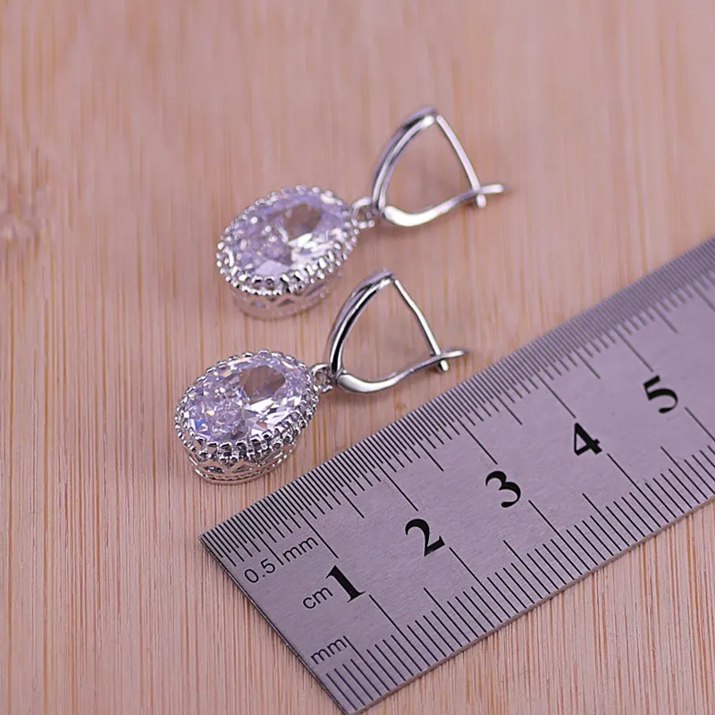 Новая мода Большой овал, куб, Цирконий 925 пробы серебряные Свадебные Ювелирные наборы серьги кулон ожерелье кольца Размер 6-10