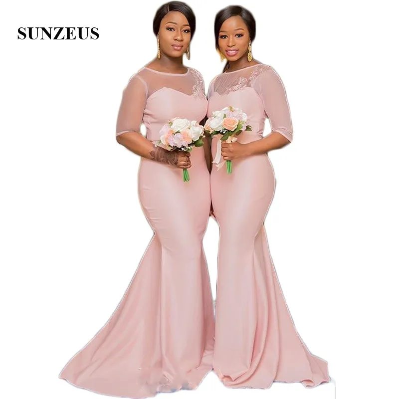 Half Sleeve Tulle Pink Bridesmaid Dresses 2018 Illusion ...