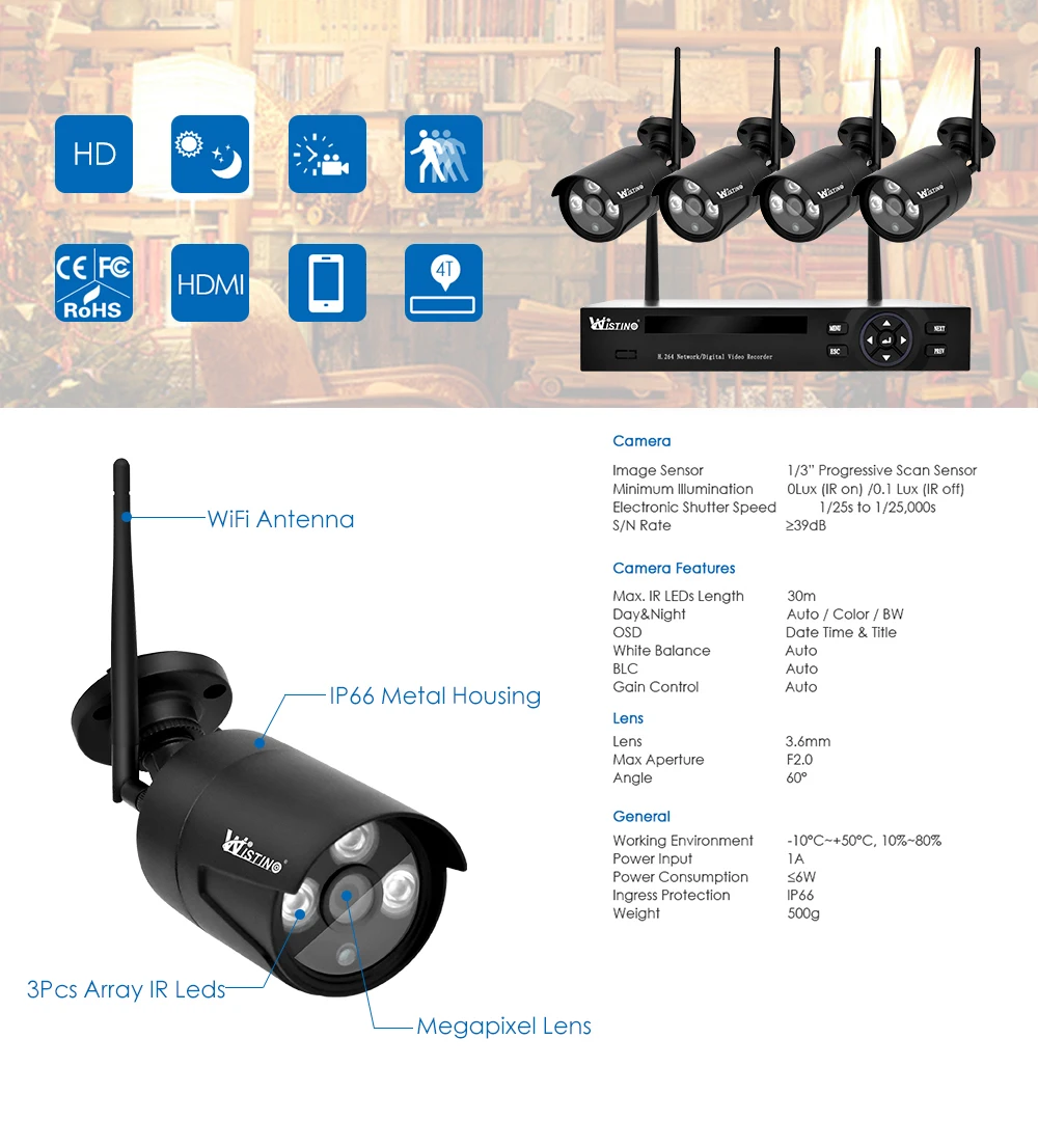 Wistino 4CH Wireless IP Camera NVR Kits 720P CCTV Security System Wifi Cameras XMEye Outdoor Waterproof Surveillance Kit Night Vision (12)