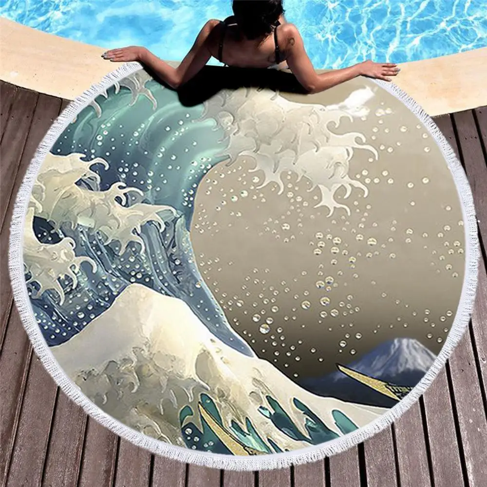 

Round Beach Towel with Tassel Japanese Famous Paintings The Great Wave Towel Travel Picnic Blanket Yoga Mat Tapestry style-8