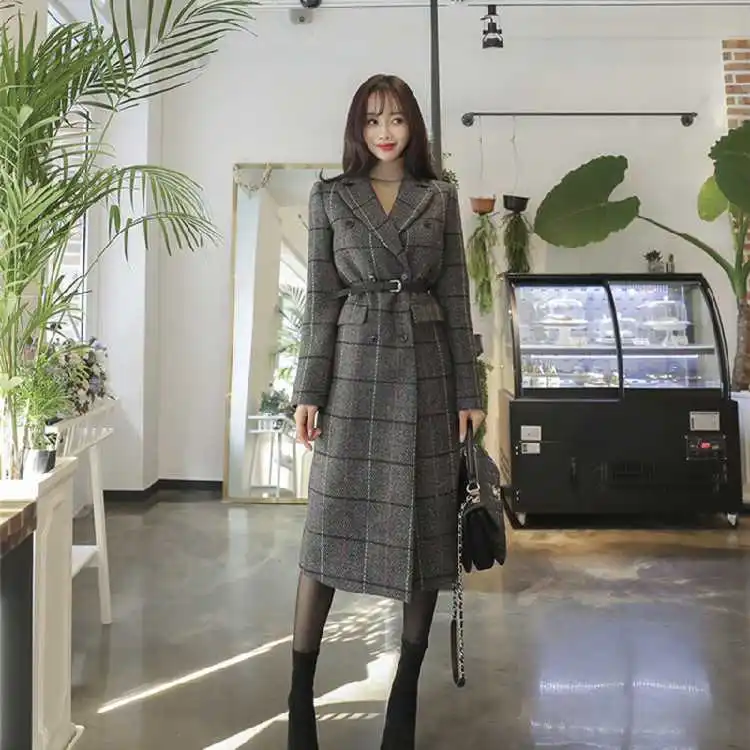 

Office Lady Long Slim Lapel Long Sleeve Outwear with Belt Plus Size Coats Autumn Winter Women Plaid Warm Wool Blends