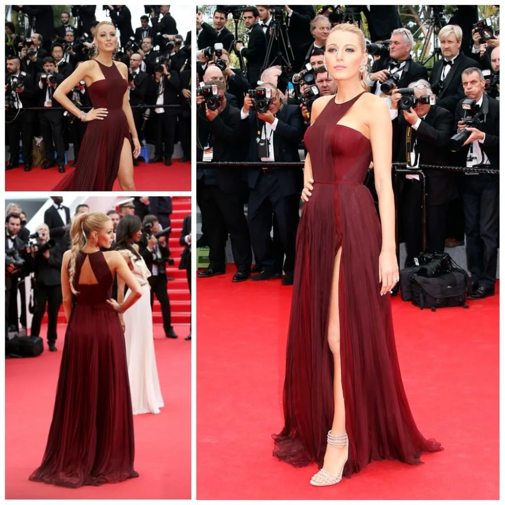 Blake Lively/платья знаменитостей винно-красного цвета, высокий разрез пикантное вечернее платье с открытой спиной