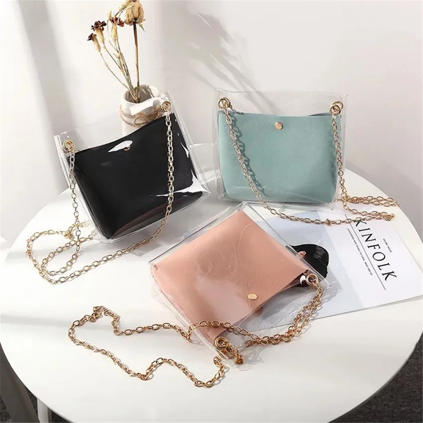 

Women Transparent Bucket Bag Female Chain Crossbody Messenger Bags Clear PVC Jelly Small Shoulder Bag