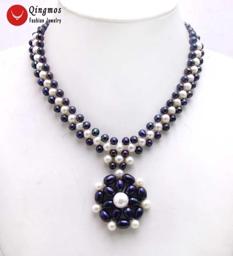 

Qingmos Natural Pearl Necklace for Women with Handwork Weaving 5-6mm Black and White Pearl Flower Pendant Necklace Jewelry 17''