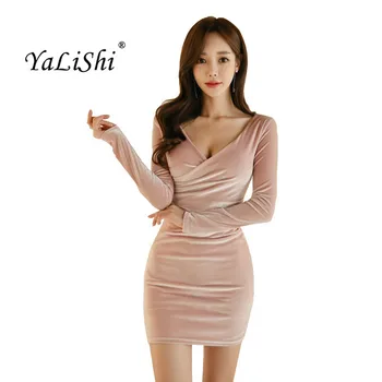 

Plus Size Bodycon Bandage Dress Women Autumn Pink Full Sleeve V-neck Sexy Casual Velvet Mini Dress Party Short Sukienka Vestido