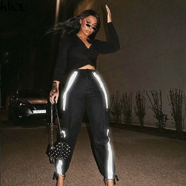 US $14.90 Weirdgirl women night reflective striped pants workout high waist zipper button bottom female fashi