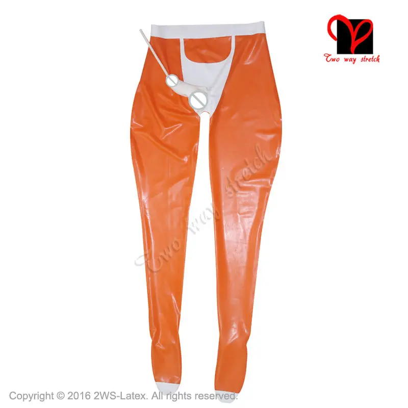 Sexy Orange Latex Leggings Penis Sheath Piss Tube Bcock Ball Long Rubber Pants Latex Trousers Condom Plus Size XXXL KZ-100