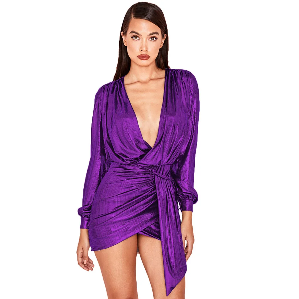 New Metal Color Party Dress Winter Long Sleeve Sexy Deep V Neck Wrap Mini Dress Chic Plus Size XXL Pleated Night Club Dress
