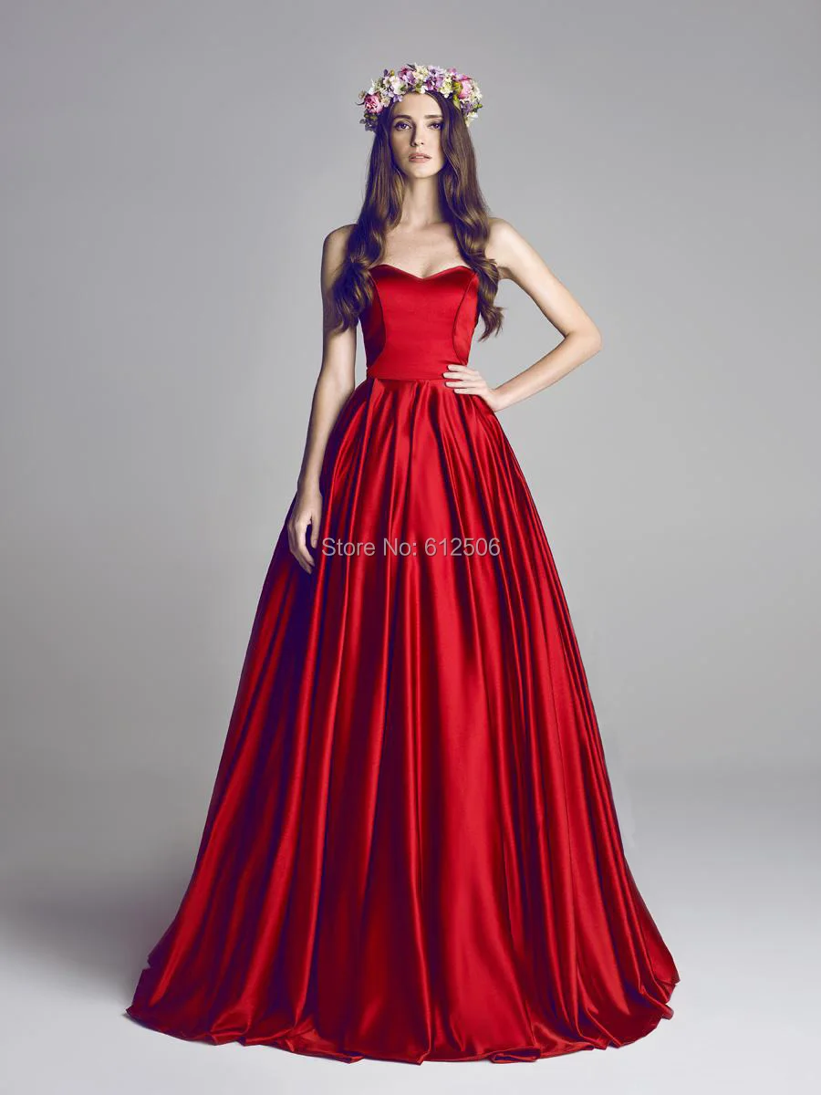 New Dark Red Satin Ball Gown Prom Dresses 2014 Sweetheart Draped Court