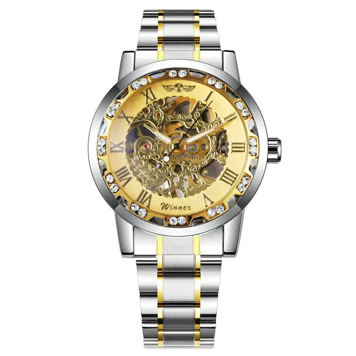 WINNER полые механические мужские часы от ведущего бренда роскошные модные панковские Стальные наручные часы с кристаллами для мужчин горячие часы - Цвет: GOLD GOLD