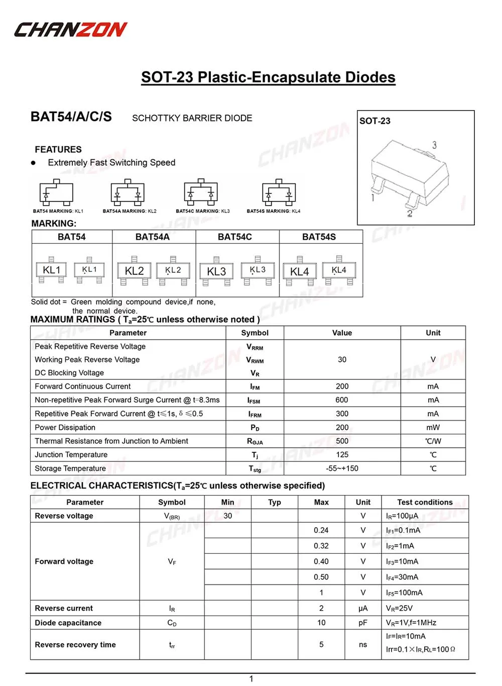 100 шт.) BAT54C SMD Шоттки барьер выпрямитель диоды 200mA 30 V SOT-23(SOT-23-3) 0.2A 30 вольт(маркировка KL3) Летучая мышь 54C