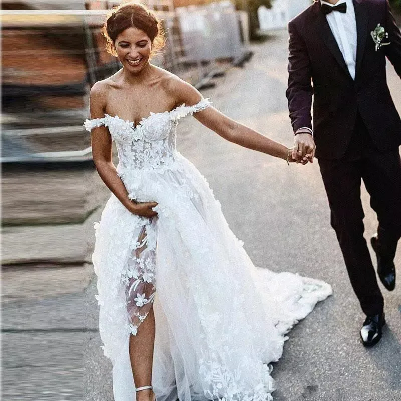 Богемское свадебное платье с открытыми плечами кружевное 3D Цветочное платье трапециевидной формы пляжное свадебное платье с коротким шлейфом Bhoh свадебное платье