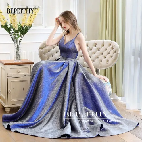 Robe De Soiree, отражающее платье, v-образный вырез, длинное вечернее платье, вечерние, элегантные,, трапециевидные, блестящие, выпускные платья с поясом - Цвет: Синий