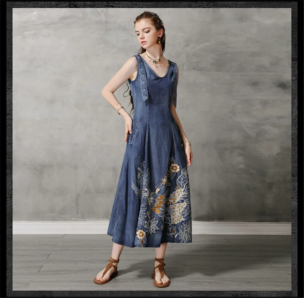 Vintage Summer Tank Dress 2019 Cotton Women Denim Dresses O-Neck Sleeveless Vintage Embroidery Swing Hem Sundress 82168  (10)
