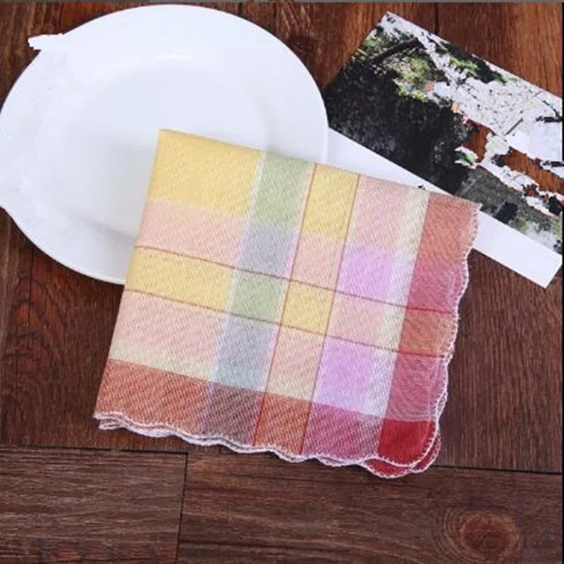 Random Color Womens Ladies Cotton Soft Printed Handkerchief Mixed Color Plaid Pocket Square Hankies 28x28cm BBB1062 12Pcs