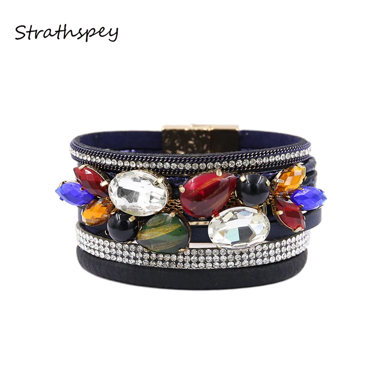 

STRATHSPEY Vintage Crystal Leather Bracelet For Women Rhinestone Multicolor Statement Bracelets Bohemia Wide Bangle Jewelry