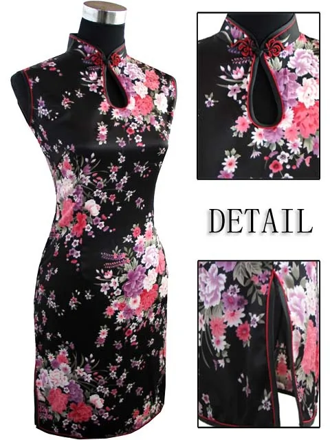 New Black Chinese Women\'s Silk Rayou Mini Halter Cheongsam Qipao Evening Dress Flower Size S M L XL XXL Free Shipping J5024