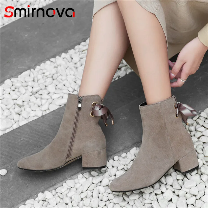 

Smirnova butterfly knot lady boots NEW arrive 2018 fashion square heels woman cow suede leather boots autumn zipper ankle boots