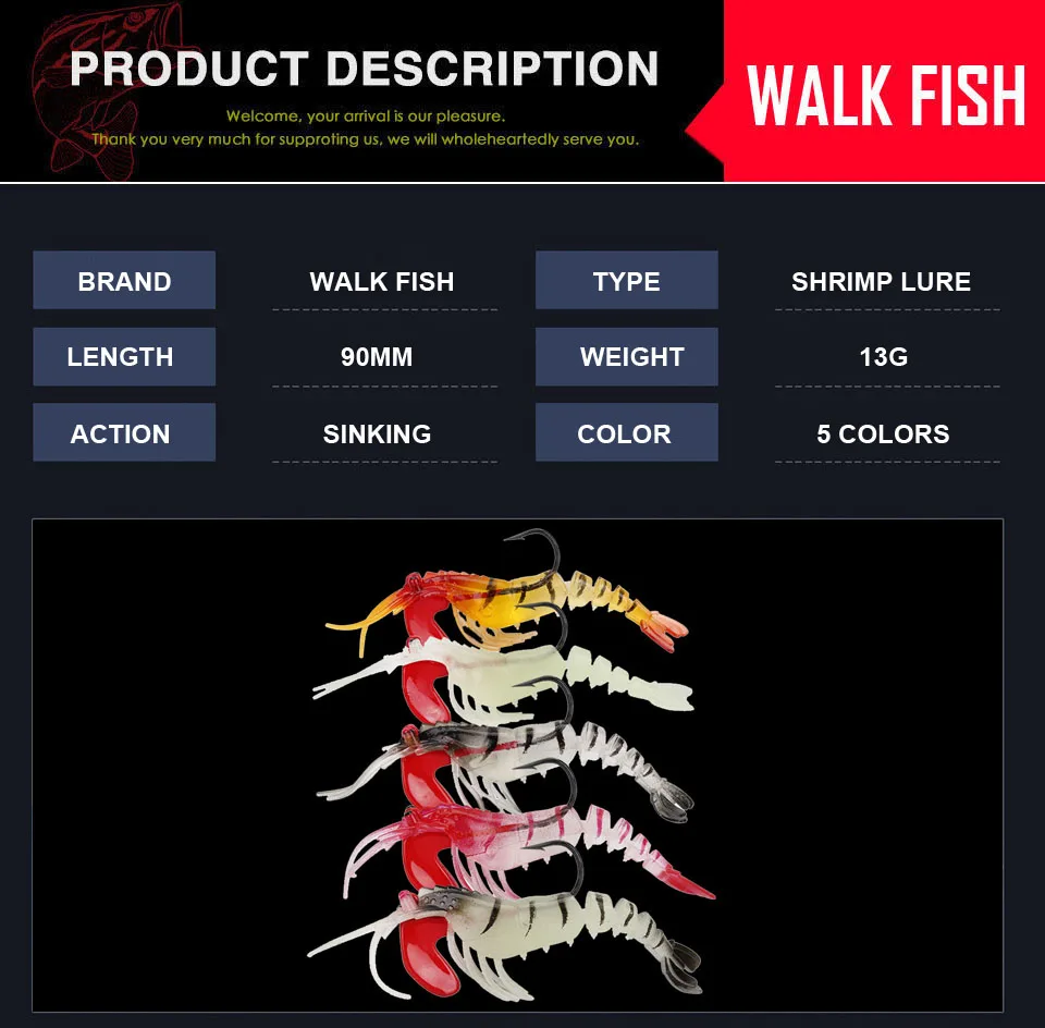 WALK FISH Soft Shrimp Fishing Lures Artificial Shrimp Baits 13g Colors Soft Lure Bionic Bait With Lead Hook Fishing Tackle