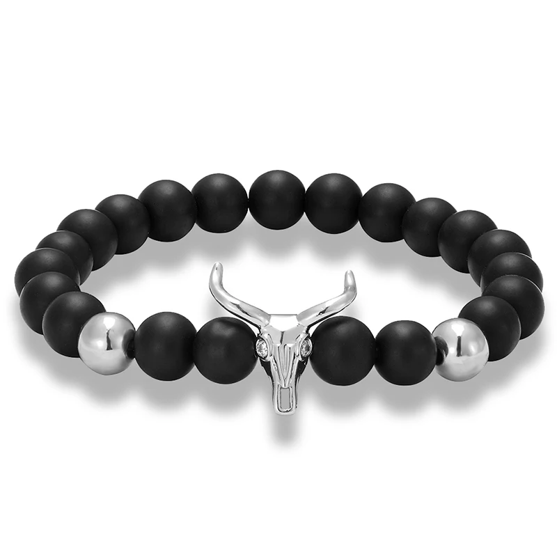 

LIVVY High quality fashion men's beaded bracelet black cow head natural stone yoga beaded men's bracelets couple jewelry