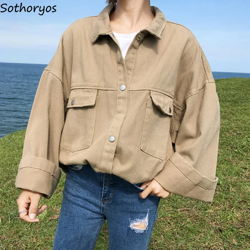 

Jackets Women Autumn Pockets Solid All-match Leisure Loose Turn-down Collar Coats Womens Korean Style BF Harajuku Oversize Coat