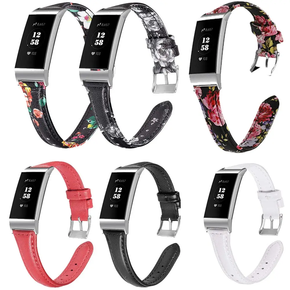 

1pcs Leather Strap For Fitbit Charge 3 Floral Pattern Suede Cowhide Strap L Size Belt Smart Band Accessories For Fitbit Band