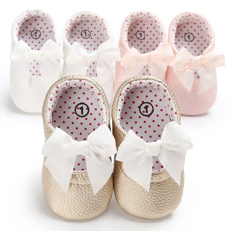

New 0-18 Months Newborn Baby Girl Pink Kahaki White Pu Leather Princess Shoes Bowknot First Walkers