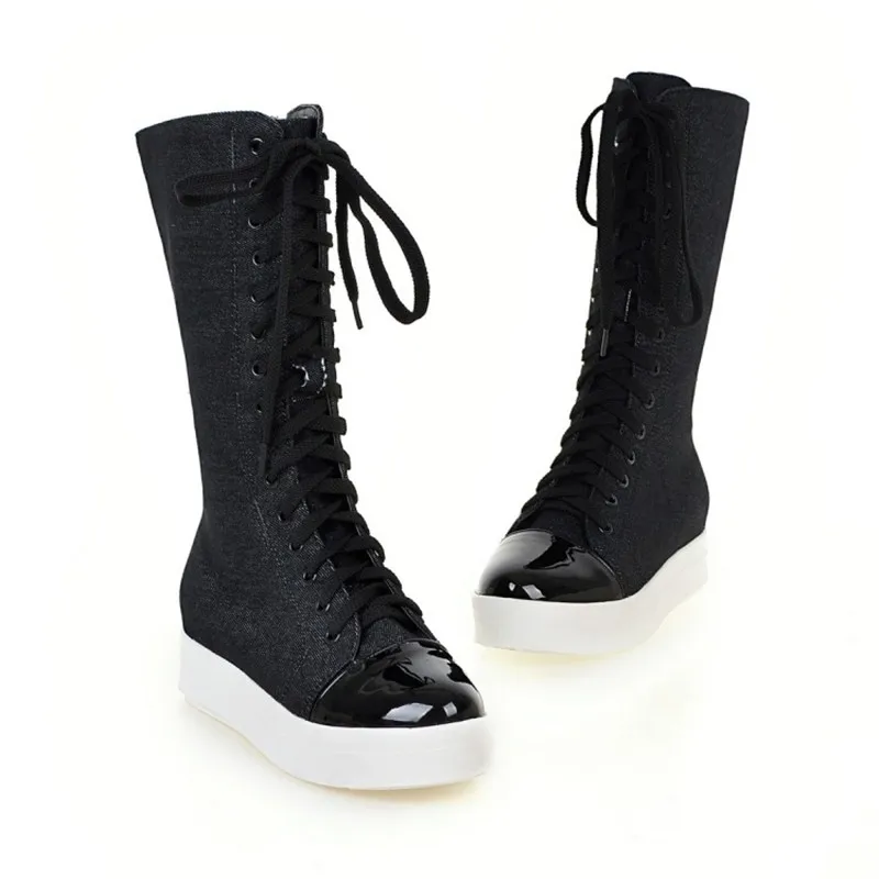 Fashion Canvas Lace Up Women Knee High Boots Round Toe Short Plush Women Snow Boots Tall Punk Casual Flat Platform Shoes Boots (15)