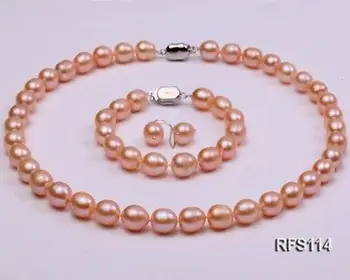 

Fashion 9-10mm Pink Rice Shape Freshwater Pearl Necklace Bracelet Earrings Set