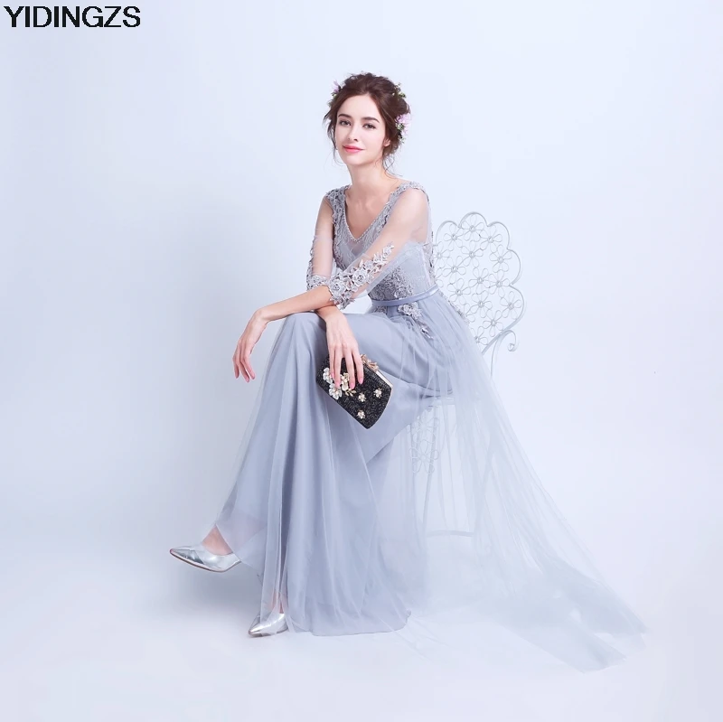 Yidingzs элегантный 3/4 Sleeve A Line бисером вечернее платье тюль Кружево аппликации халат