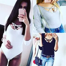 2016 New arrival Sexy Women bodysuit Long Sleeve Bandage Hollow out Skinny bodysuit Cotton Solid rompers womens jumpsuit