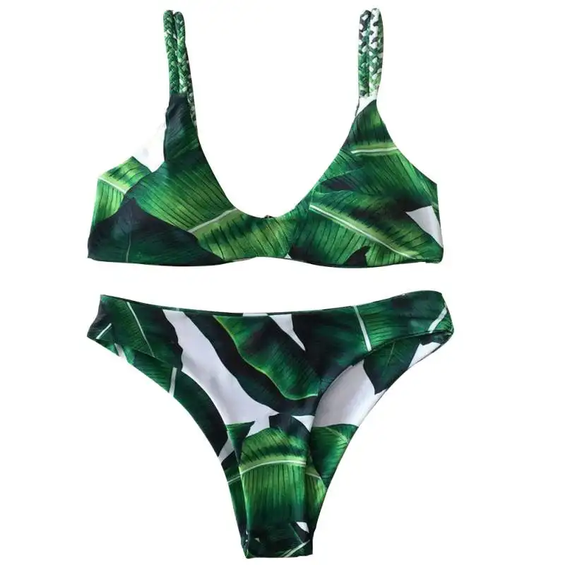 2017 женщины пуш-ап мягкий повязки бикини установить зеленый лист шаблон купальник треугольник купальники твердые Холтер Бразильский купальный костюм