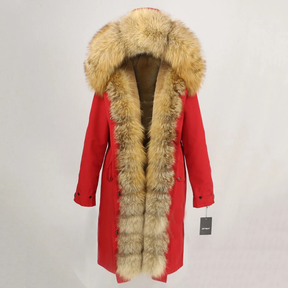 Пальто из натурального меха, брендовая Водонепроницаемая парка X-long, зимняя куртка для женщин, натуральный Лисий меховой капюшон, воротник, Толстая теплая верхняя одежда, съемная Новинка - Цвет: red gold