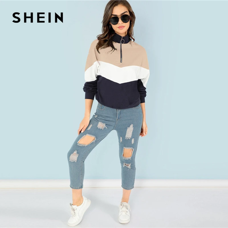  SHEIN Multicolor O-Ring Zip Front Cut and Sew Pullover Women Casual Long Sleeve Sweatshirt Women Au