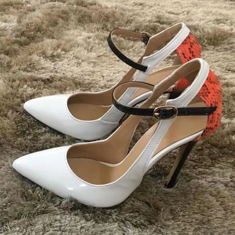 

Spring Python Leather Patched Heels Pumps Ankle Strap Sexy Summer Ladies Pointed Toe Stiletto Heels Party High Heels Shoes