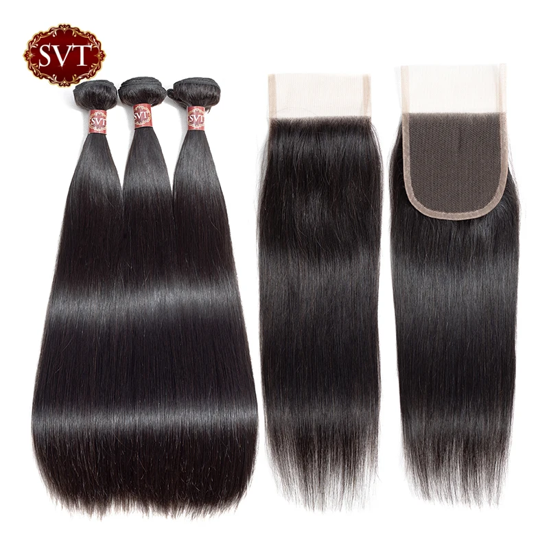 

SVT Brazilian Straight Hair Bundles With Closure Non Remy Human Hair Bundles With Closure 4*4 Lace Closure With Bundles