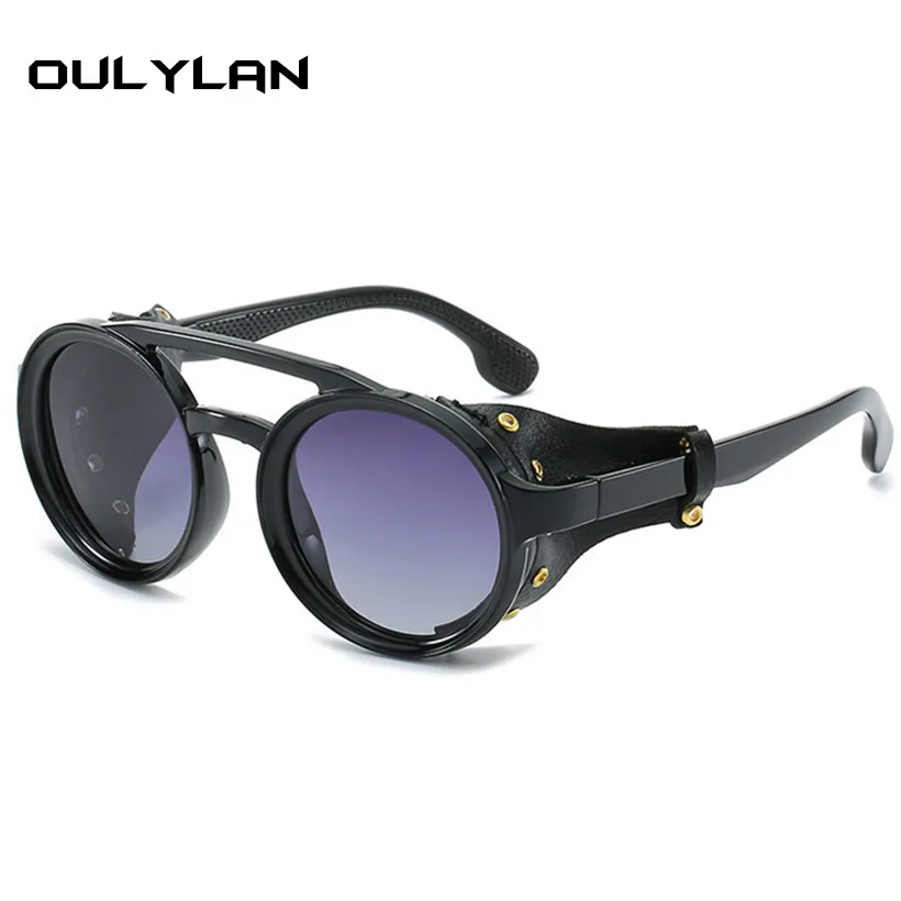 Oulylan Leather Steampunk Sunglasses Polarized Men Round Driving Sun Glasses Women Retro Punk Style Glasses