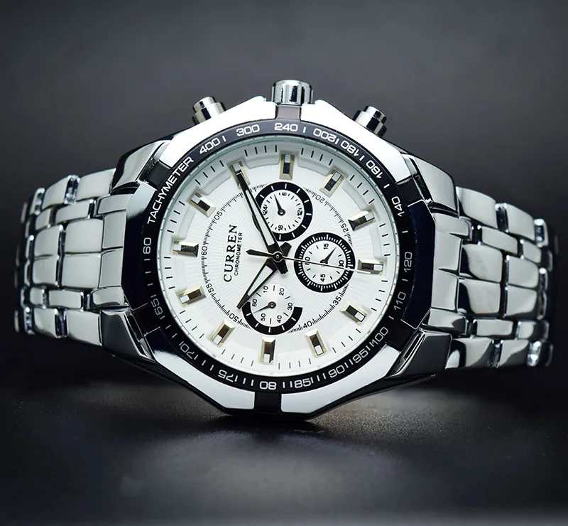 CURREN Мужские часы с красным циферблатом из нержавеющей стали водонепроницаемые мужские часы Роскошные бизнес аналоговые кварцевые мужские часы Мода 8084 - Цвет: silver white