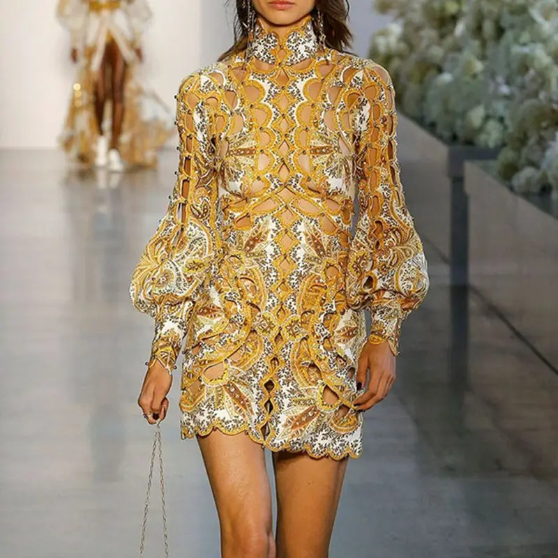 

Summer dress 2019 Hollow Out Dress For Women Stand Collar Lantern Sleeve Heavy Beading Sexy Dresses