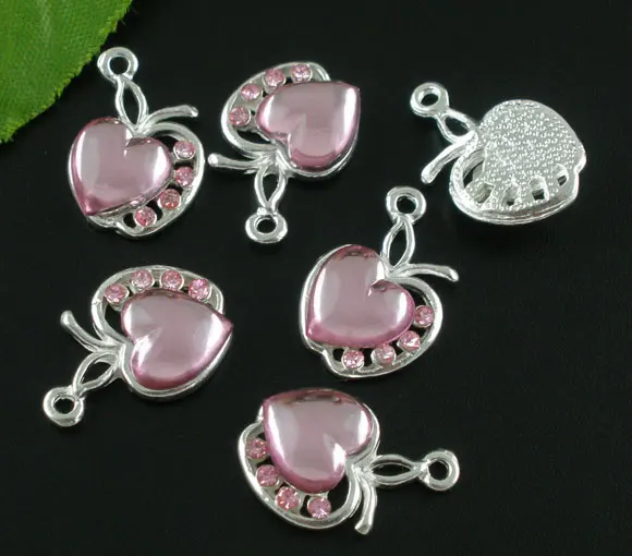 DoreenBeads Акрил + сплав Очаровательные Подвески яблоко розовый серебряный цвет 20 0 мм