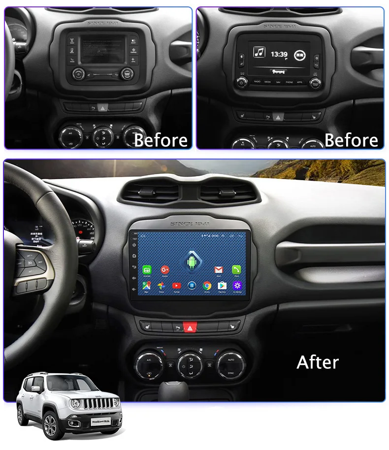 Excellent Android 8.0 2+32G  4G 3G WIFI netcom 2.5D 9 inch full touch Screen for Jeep Renegade 2016 2017 2018 gps radio navigation 1