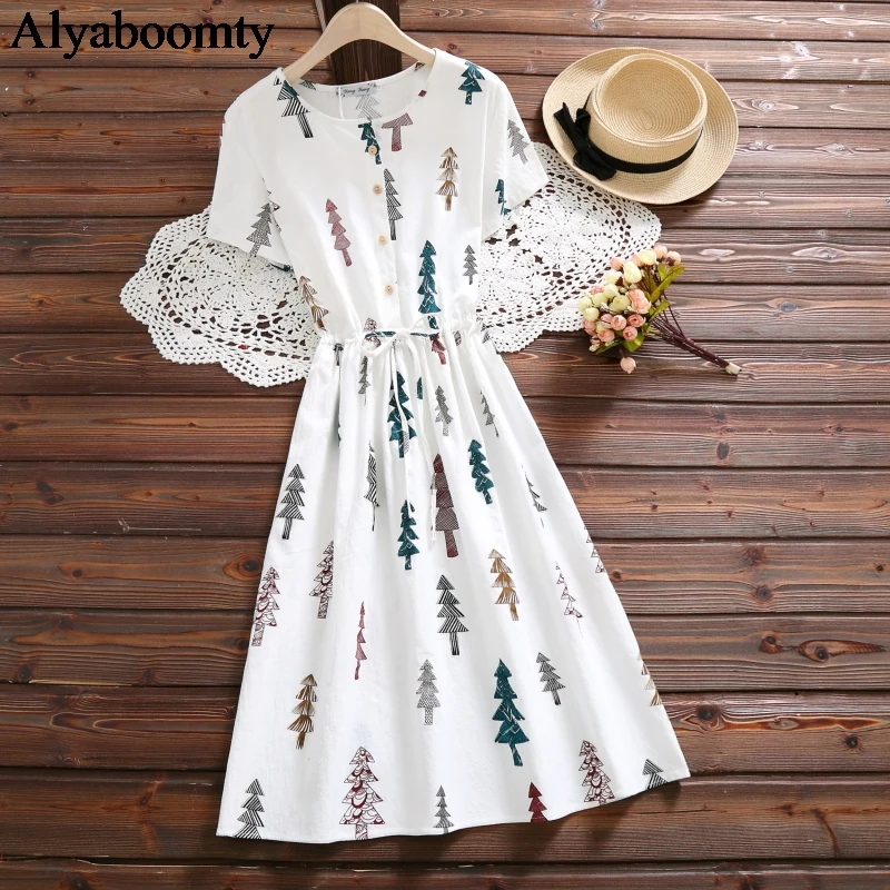 

Japanese Mori Girl Summer Women Cotton Dress Christmas Tree Printed Lace Up Mujer Vestidos Elegant Vintage Sweet Casual Dresses